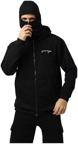 BE SAVAGE Balaclava Zipper Hoodie for Men Heavyweight Zipper Hoodie Jacket for Men Ninja Hoodie Men Black